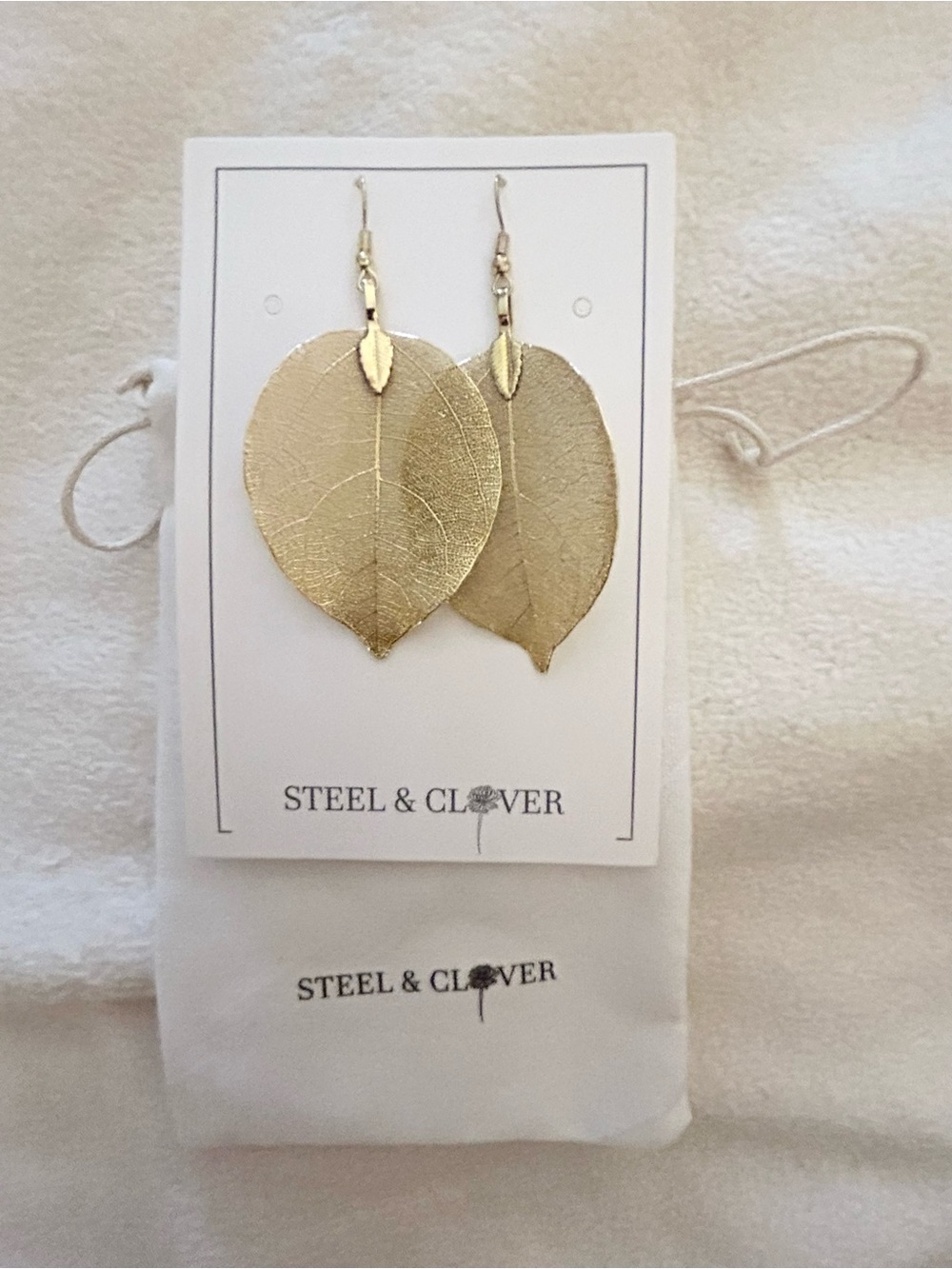 Steel & Clover Gold Real Leaf Dangle Earrings Gold Leaf Drop Earrings
